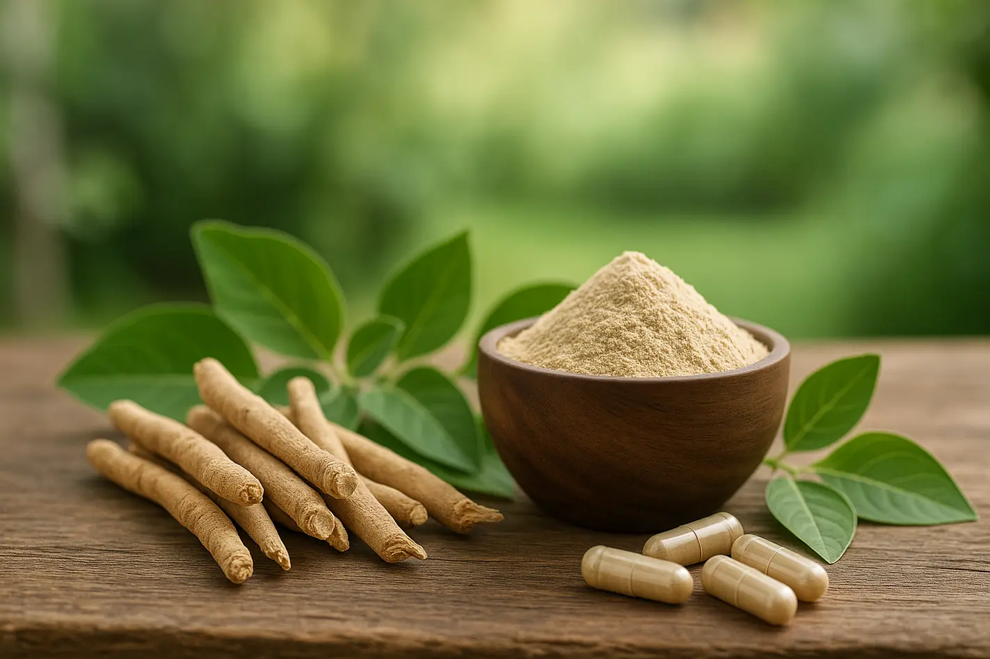 Close-up van ashwagandha-wortels en capsules op een houten tafel, omringd door groene bladeren.