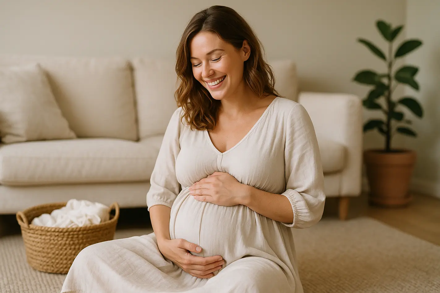 Zwangere vrouw in comfortabele outfit, ontspannen en lachend, omgeven door rustige, verzorgende sfeer.