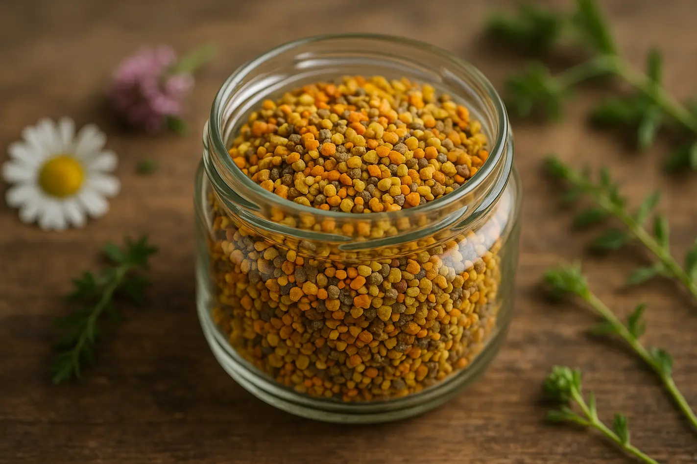 Close-up van bijenpollen in glazen pot op houten tafel, omringd door bloemen voor een natuurlijke uitstraling.
