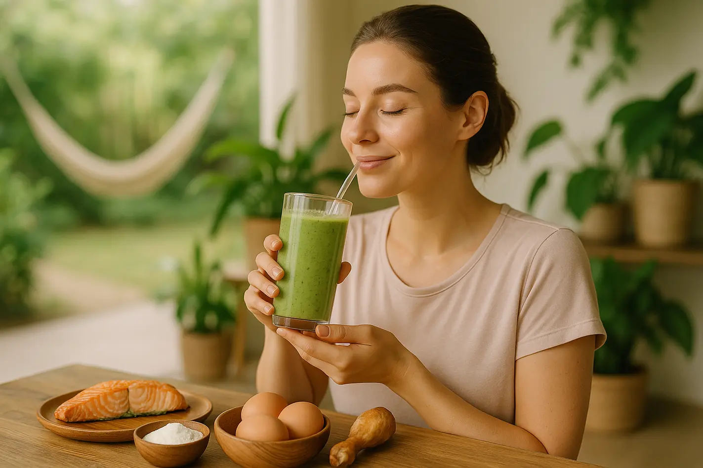 Vrouw met stralende huid geniet van collageenrijke smoothie in serene, natuurlijk ingerichte omgeving.
