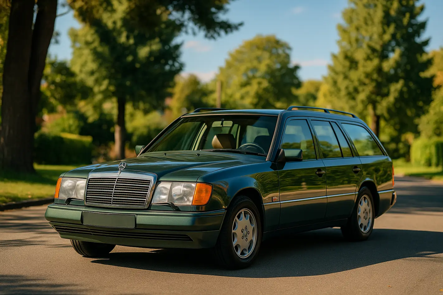 Stijlvolle youngtimer op een zonnige straat, omringd door groen en blauwe lucht.
