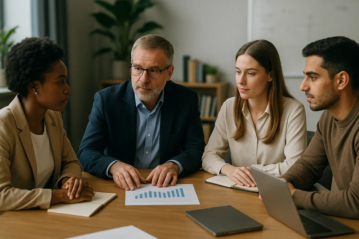 Diverse mensen in een modern kantoor overleggen rond een vergadertafel, gericht op samenwerking.