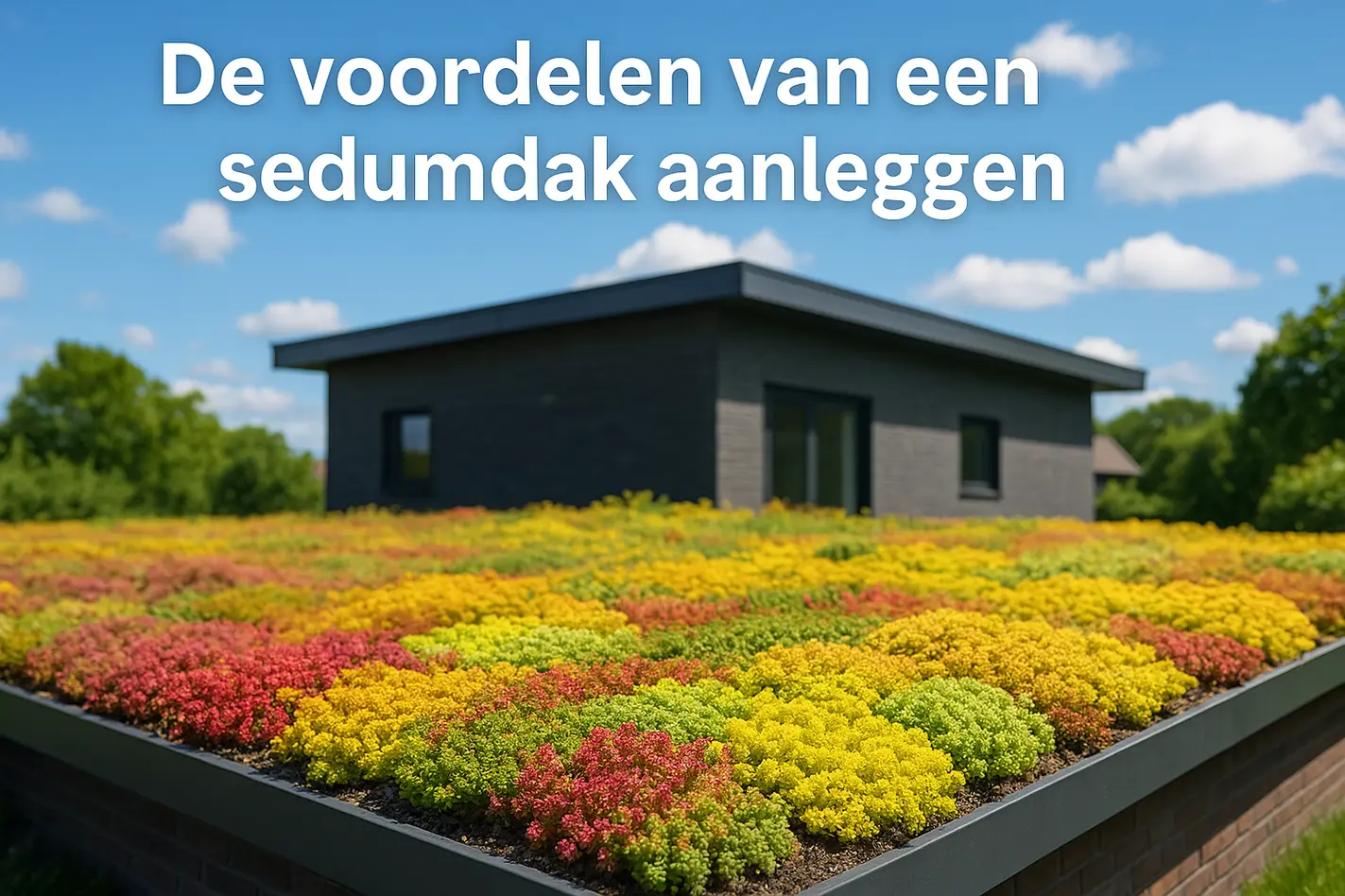 Realistisch sedumdak met kleurrijke planten, moderne woning, blauwe lucht en wolken.