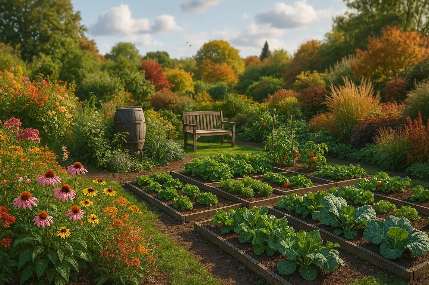 Een kleurrijk tuinlandschap in het noordoosten van Nederland, met bloeiende bloemen en ecologische elementen.