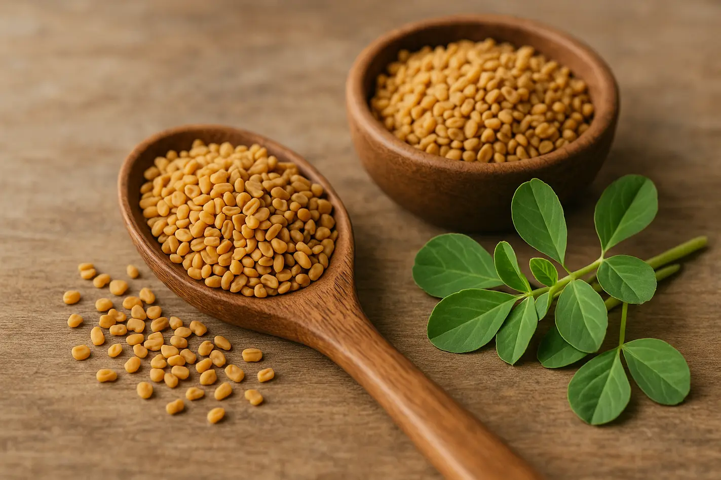 Fenegriekzaadjes en bladeren op houten lepel, rustgevende natuurlijke sfeer voor vrouwenvoordelen.