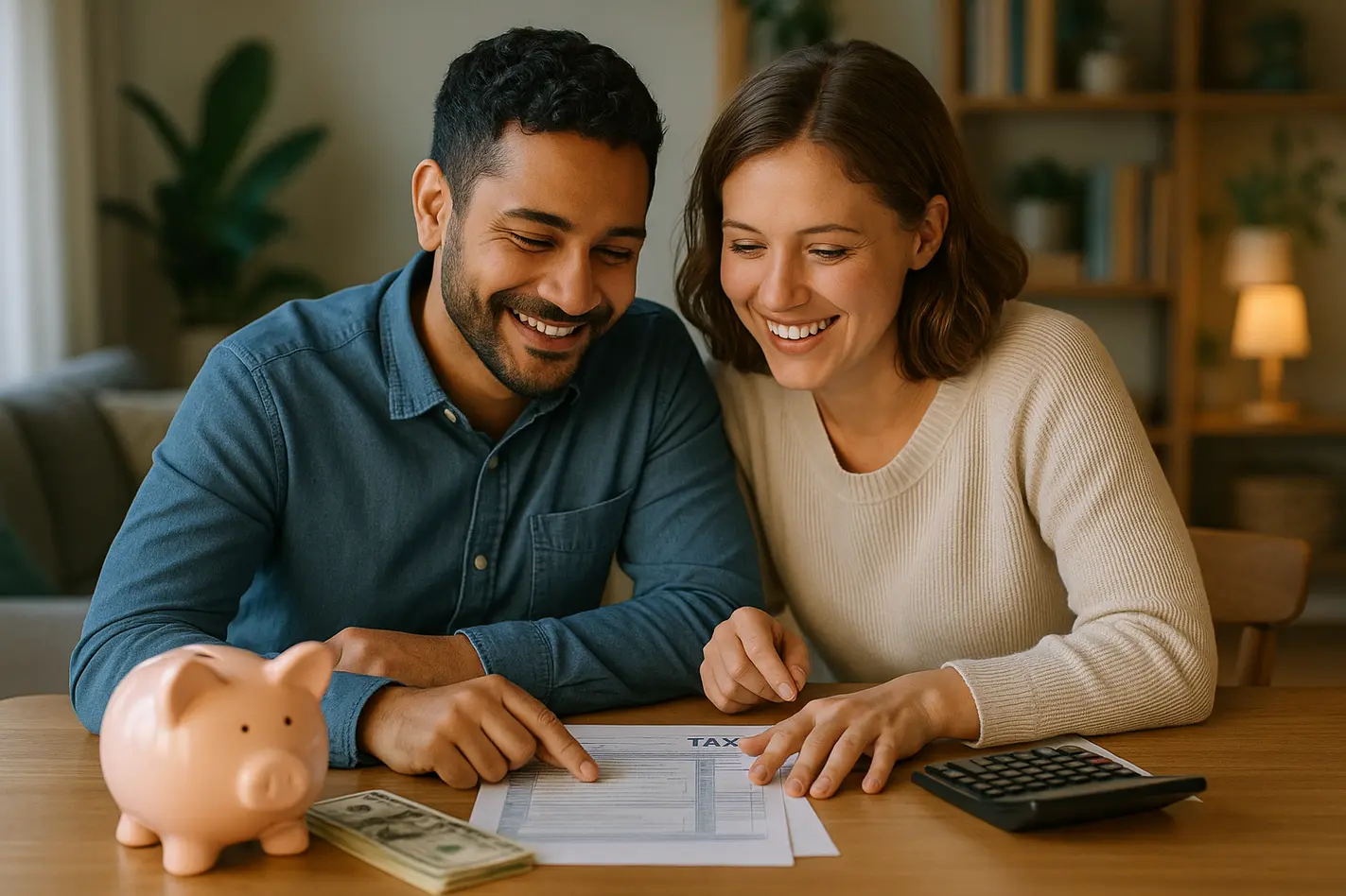 Een gelukkige koppel werkt samen aan belastingdocumenten aan een gezellige eettafel met financiële elementen.
