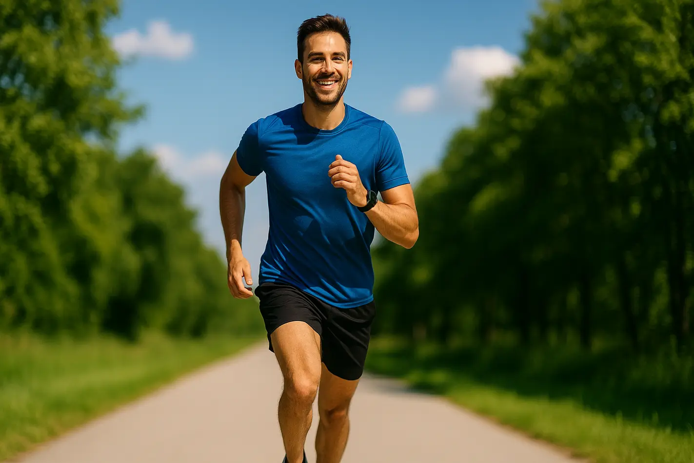 Een hardloper in sportkleding glimlacht op een zonnig pad, omringd door groene bomen.