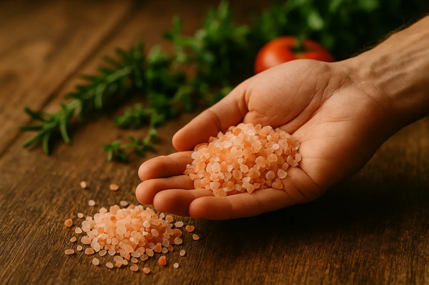 Close-up van hand met Himalaya zout, rustieke keukentafel met kruiden en groenten op achtergrond.