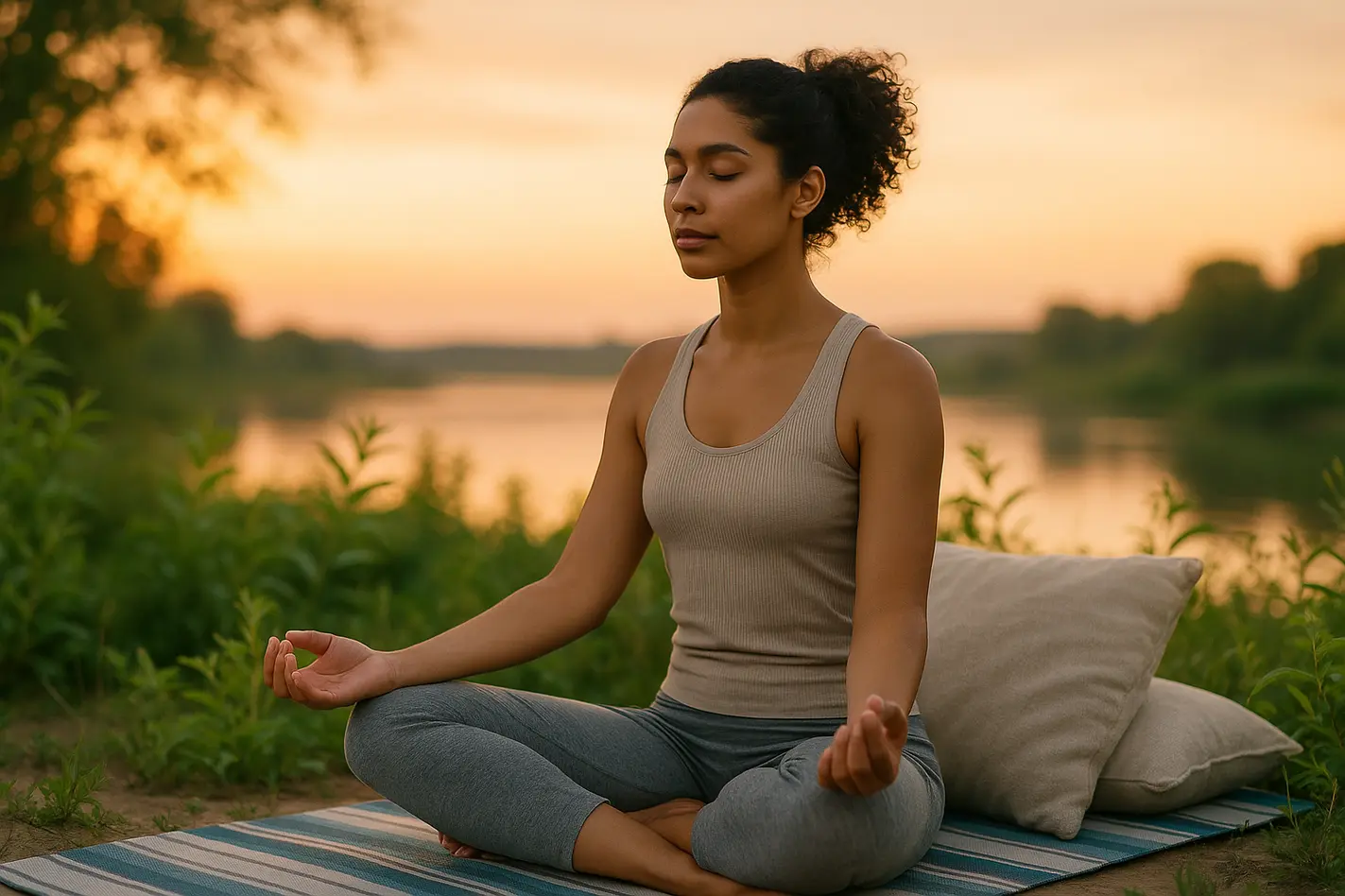 Meditatie in de natuur: vrouw in lotuspositie omringd door groen bij zonsopgang. Rustige sfeer.
