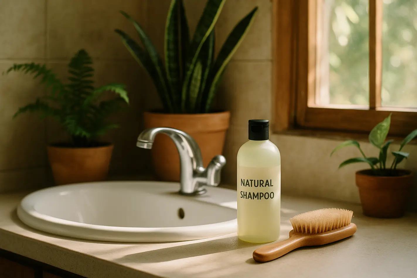 **alt_text:** Een serene badkamer met planten, natuurlijke shampoo en houten borstel in warm licht.