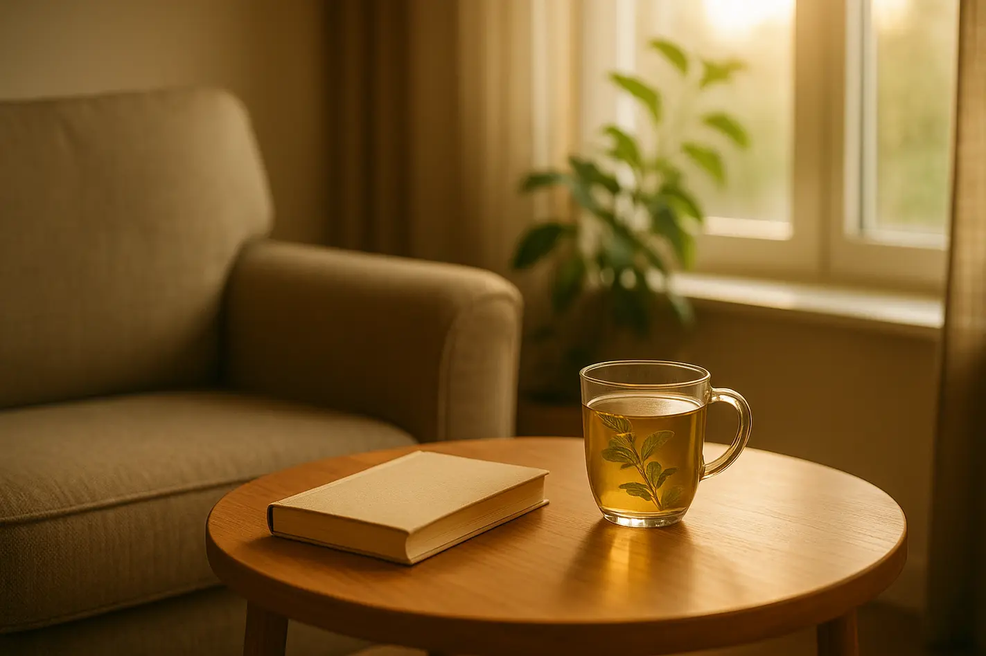 Serene woonkamer met kruidenthee, boek en warme verlichting, nodigt uit tot rust en welzijn.