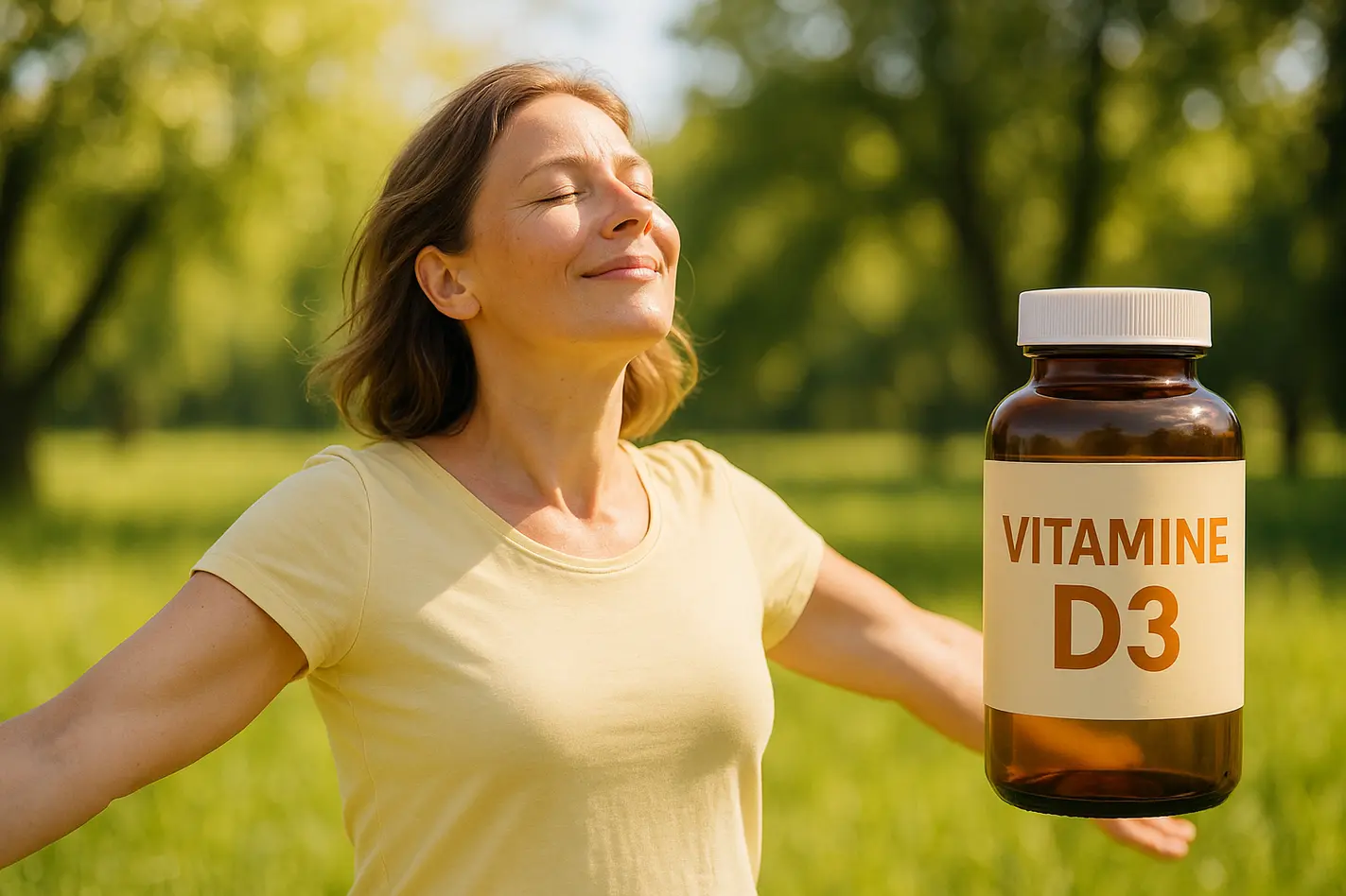 Persoon in zonlicht, omringd door natuur, geniet van de voordelen van vitamine D3.