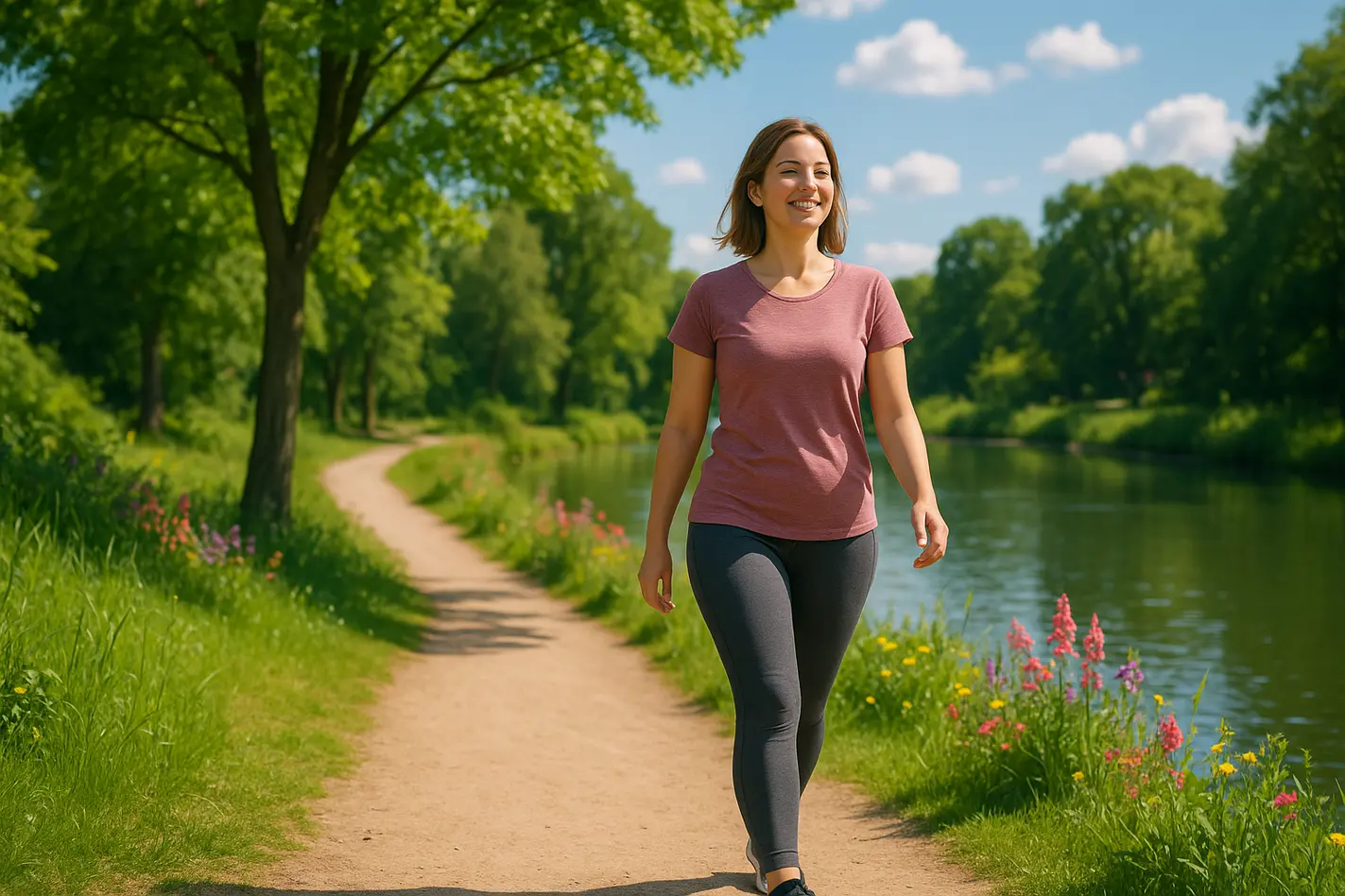 Een persoon wandelt glimlachend in een zonnig, sereen natuurpad vol bloemen en bomen.