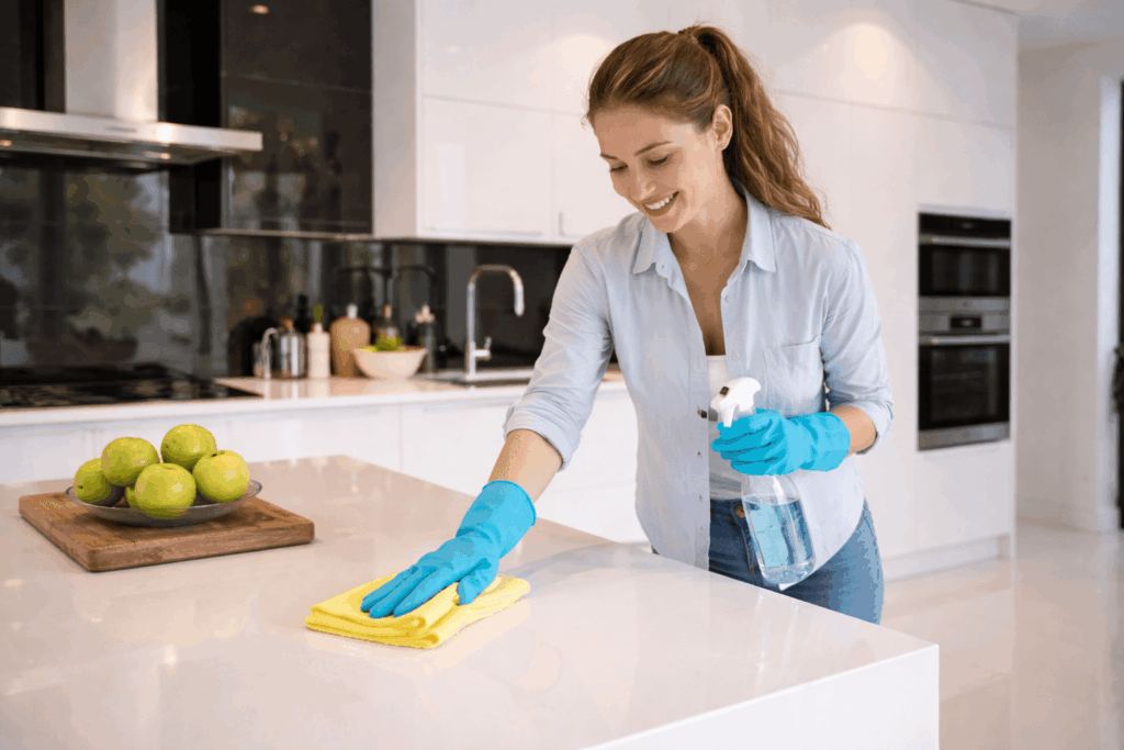 vrouw maakt een glanzende keuken    schoon