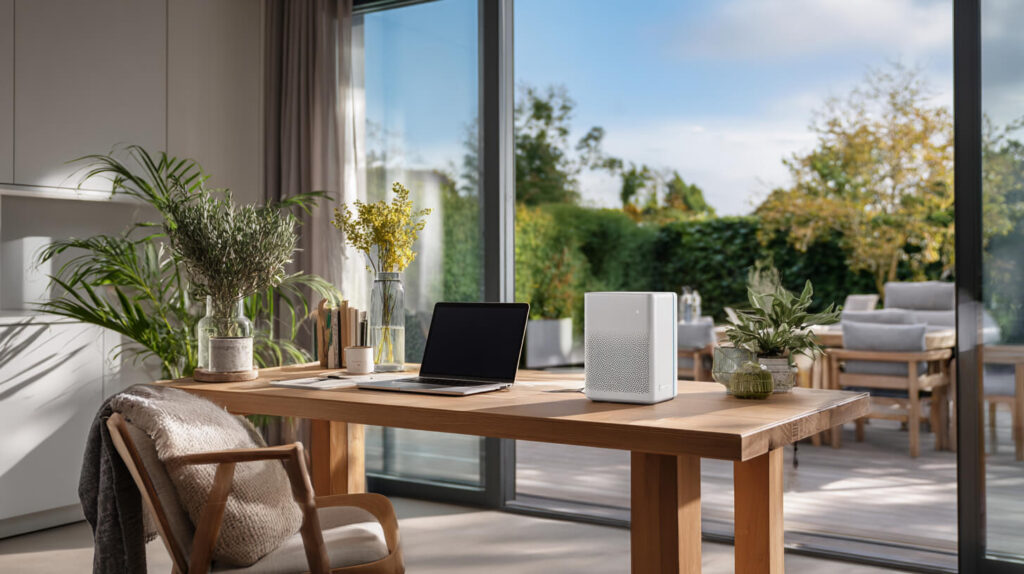 CO2-meter op een tafel bij grote ramen voor inzicht in de luchtkwaliteit in een moderne woning