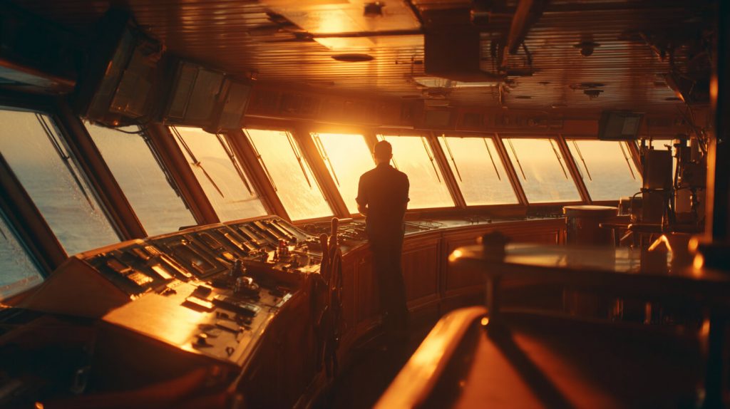 Silhouet van een stuurman achter het roer op een echte scheepsbrug, met een gouden zonsondergang zichtbaar door de ramen