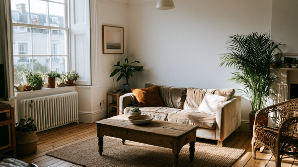Woonkamer met een mix van tweedehands meubels zoals een bank en salontafel