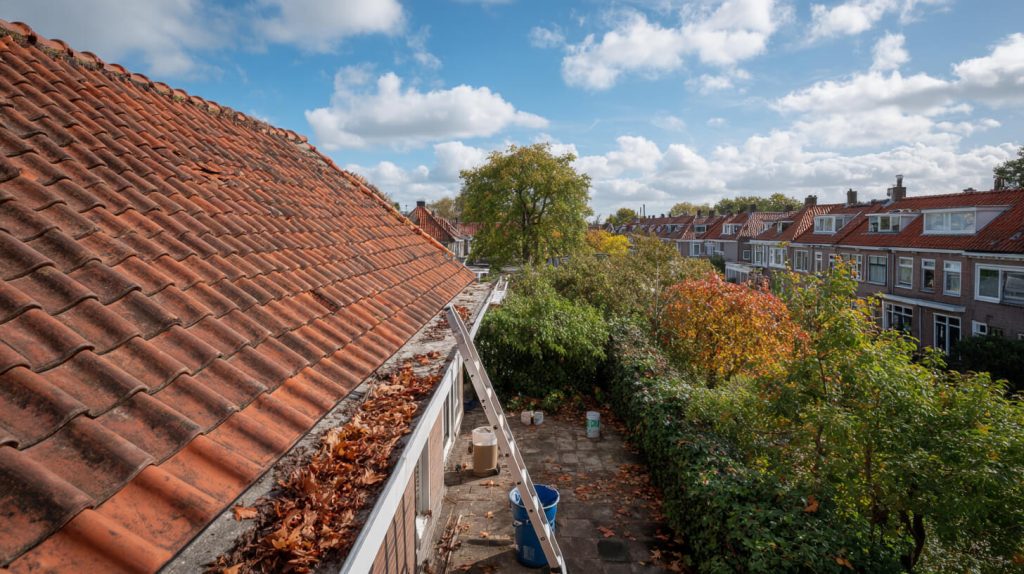 Een verstopte dakgoot vol herfstbladeren naast rijen dakpannen, met een ladder klaarstaand voor onderhoudswerkzaamheden aan het dak